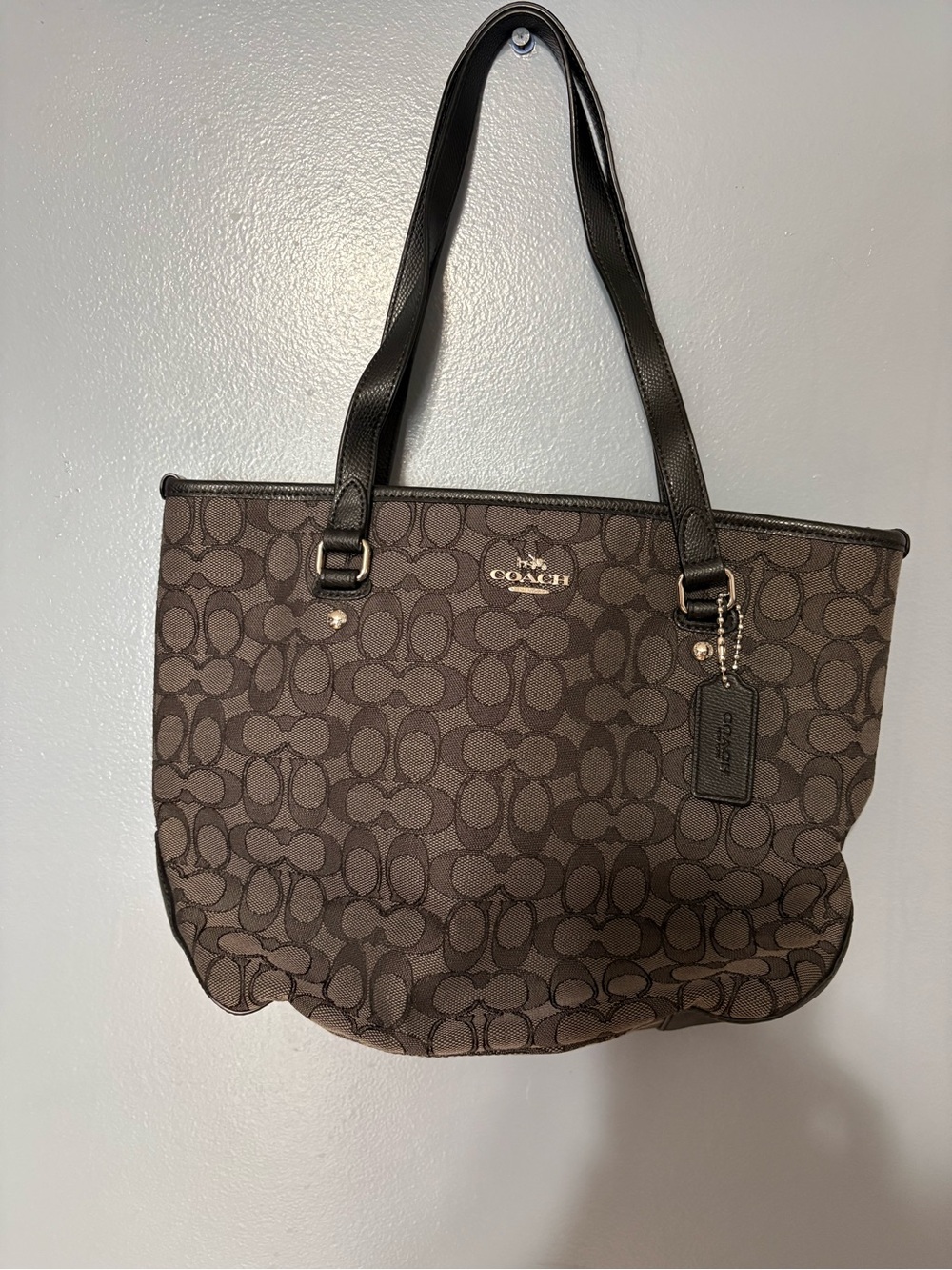 COACH Brown Signature Canvas Tote with Black Leather Straps